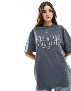 Reclaimed Vintage Oversized Washed T Shirt With Logo For Women Charcoal