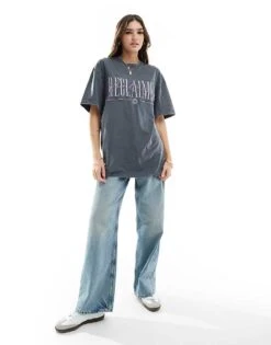 Reclaimed Vintage Oversized Washed T Shirt With Logo For Women Charcoal -Closet Theory Her 205457061 4