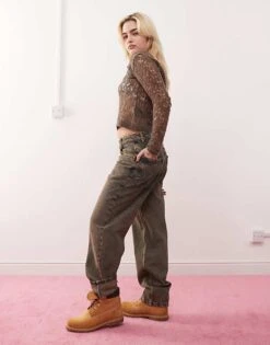 Reclaimed Vintage Unisex Barrel Leg Jean In Brown Wash For Unisex -Closet Theory Her 205526670 3
