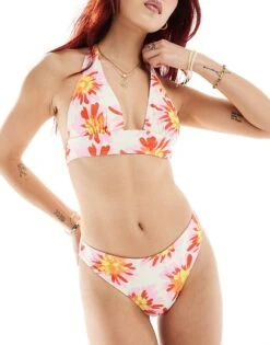 Reclaimed Vintage Halter Bikini Top And Bottom Co-ord In Pink And Orange Floral Print