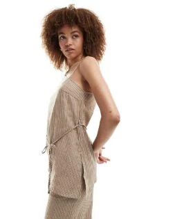 Reclaimed Vintage Tunic Top With Cross Over Ties In Linen Look Beige Pinstripe Co-ord For Women -Closet Theory Her 205646519 2