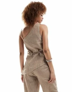 Reclaimed Vintage Tunic Top With Cross Over Ties In Linen Look Beige Pinstripe Co-ord For Women -Closet Theory Her 205646519 3