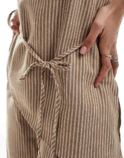 Reclaimed Vintage Tunic Top With Cross Over Ties In Linen Look Beige Pinstripe Co-ord For Women -Closet Theory Her 205646519 4