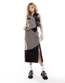 Reclaimed Vintage Spliced Midi Skirt In Grey And Black For Women