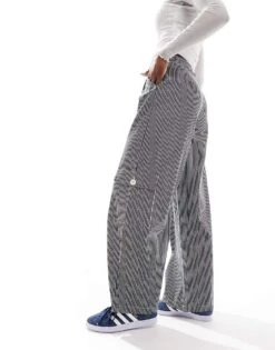 Reclaimed Vintage Wide Leg Cargo Trouser In Dark Grey Pinstripe For Women