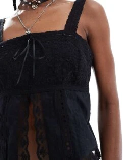Reclaimed Vintage Split Front Cami Top With Lace In Black For Women -Closet Theory Her 205661109 4