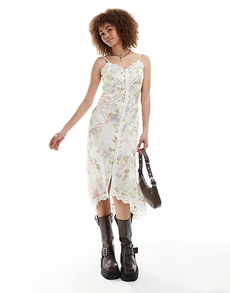 Reclaimed Vintage Recalimed Vintage Button Front Slip Dress With Lace In Floral Print For Women 3 Reclaimed Vintage Recalimed Vintage Button Front Slip Dress With Lace In Floral Print For Women