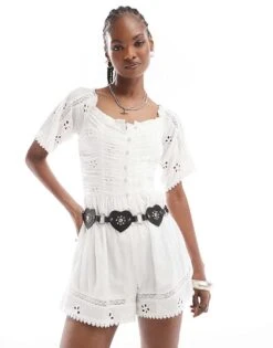 Reclaimed Vintage Western Playsuit With Broderie And Lace Inserts In Ivory For Women -Closet Theory Her 205710782 4