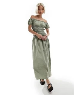 Reclaimed Vintage Shirred Waist Maxi Dress In Washed Khaki For Women Washed Green -Closet Theory Her 205710989 1 washedgreen 1
