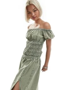 Reclaimed Vintage Shirred Waist Maxi Dress In Washed Khaki For Women Washed Green -Closet Theory Her 205710989 2