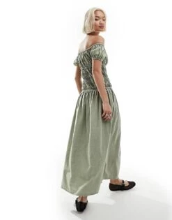 Reclaimed Vintage Shirred Waist Maxi Dress In Washed Khaki For Women Washed Green -Closet Theory Her 205710989 3
