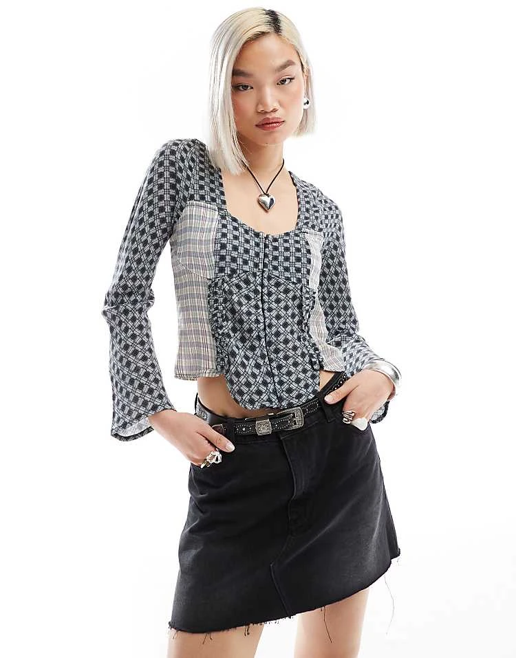 Reclaimed Vintage Long Sleeve Top In Mixed Blue Checks For Women 7 Reclaimed Vintage Long Sleeve Top In Mixed Blue Checks For Women - Image 5