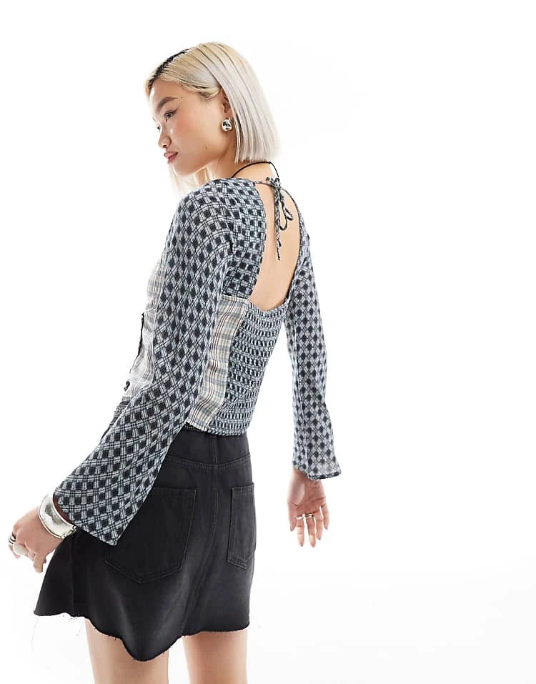 Reclaimed Vintage Long Sleeve Top In Mixed Blue Checks For Women 5 Reclaimed Vintage Long Sleeve Top In Mixed Blue Checks For Women - Image 3