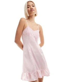Reclaimed Vintage Mini Slip Dress In Pink With Lace And Bow Details For Women -Closet Theory Her 205730002 1 pink 1