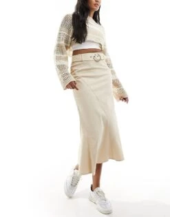 Reclaimed Vintage Linen Maxi Skirt With Y2k Belt For Women Beige