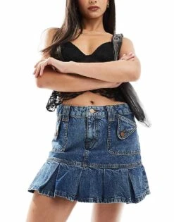 Reclaimed Vintage Pleated Denim Western Mini Skirt For Women Indigo Wash