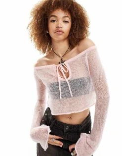 Reclaimed Vintage Knitted Bardot With Flute Sleeve For Women Pink