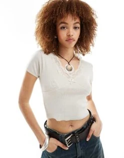 Reclaimed Vintage Lace Trim Ballet Baby Tee In Stone For Women -Closet Theory Her 205958087 1 stone 1