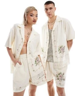 Reclaimed Vintage Unisex Limited Edition Embroidered Shirt With Lace Detail For Unisex Cream -Closet Theory Her 205990755 1 cream 1