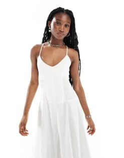 Reclaimed Vintage Midi Cami Dress With Ruched Detail In Off White Twill For Women -Closet Theory Her 206030162 1 offwhite 1