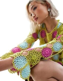 Reclaimed Vintage Limited Edition Crochet Flower Long Sleeve Top In Green For Women Multi -Closet Theory Her 206071139 2