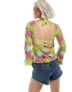 Reclaimed Vintage Limited Edition Crochet Flower Long Sleeve Top In Green For Women Multi -Closet Theory Her 206071139 3