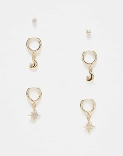 Reclaimed Vintage Earrings Multipack With Moon And Star For Women Gold