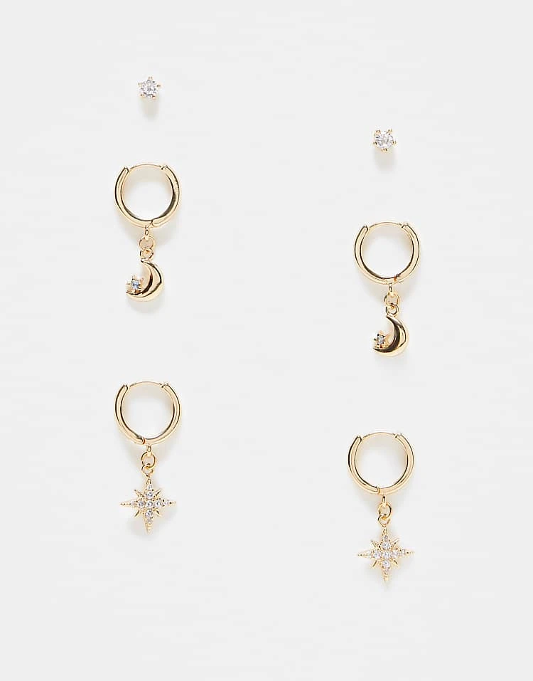 Reclaimed Vintage Earrings Multipack With Moon And Star For Women Gold 3 Reclaimed Vintage Earrings Multipack With Moon And Star For Women Gold