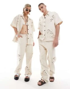 Reclaimed Vintage Unisex Cropped Boxy Denim Shirt With Embroidery Cutwork In Cream For Unisex Ivory -Closet Theory Her 206122925 2