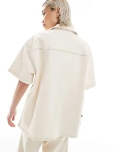 Reclaimed Vintage Unisex Cropped Boxy Denim Shirt With Embroidery Cutwork In Cream For Unisex Ivory -Closet Theory Her 206122925 3