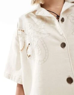 Reclaimed Vintage Unisex Cropped Boxy Denim Shirt With Embroidery Cutwork In Cream For Unisex Ivory -Closet Theory Her 206122925 4