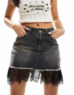 Reclaimed Vintage Festival Rhinestone Mini Skirt With Lace Detail For Women Washed Charcoal
