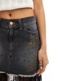 Reclaimed Vintage Festival Rhinestone Mini Skirt With Lace Detail For Women Washed Charcoal -Closet Theory Her 206136705 4