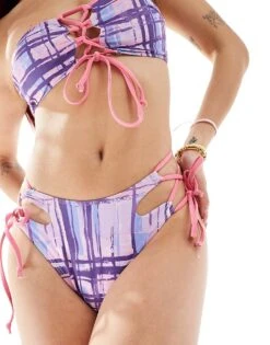 Reclaimed Vintage Bralette Bikini Top And Bikini Bottom Co-ord With Cross Detail In Pink Check -Closet Theory Her 206149366 1 pinkcheckprint