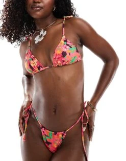 Reclaimed Vintage Triangle Bikini Top And Tie Side Bikini Bottom With Beads In Floral Print Co-ord -Closet Theory Her 206149411 1 floralprint