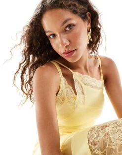 Reclaimed Vintage Lingerie Slip Dress With Lace Detail In Yellow For Women -Closet Theory Her 206149635 2