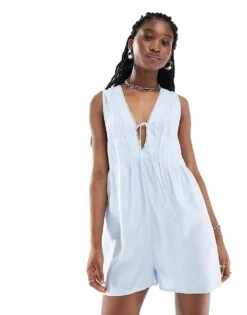 Reclaimed Vintage Romper Playsuit With Tie Front For Women Blue -Closet Theory Her 206149726 3