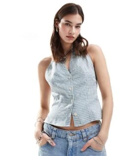 Reclaimed Vintage Halter Top In Blue Gingham For Women Multi