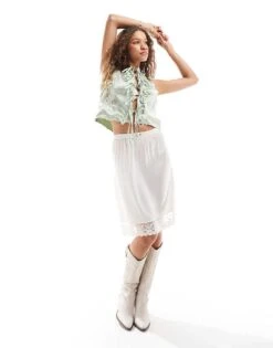 Reclaimed Vintage Tie Front Top With Lace Detail For Women Green -Closet Theory Her 206168881 2