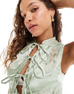 Reclaimed Vintage Tie Front Top With Lace Detail For Women Green -Closet Theory Her 206168881 3