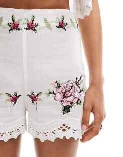 Reclaimed Vintage Mini Shorts With Floral Tablecloth Embroidery In White For Women -Closet Theory Her 206206953 5