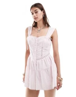 Reclaimed Vintage Washed Western Broderie Button Front Playsuit With Bows For Women Washed Tbc