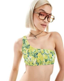 Reclaimed Vintage One Shoulder Bikini Top And Bikini Bottom Co-ord In Print In Shirring -Closet Theory Her 206252015 1 yellow 1