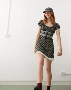 Reclaimed Vintage Babydoll Mini Dress In With Lace Trims In Check For Women Multi -Closet Theory Her 206252145 1 multi 1