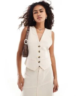 Reclaimed Vintage Linen Waistcoat For Women Beige