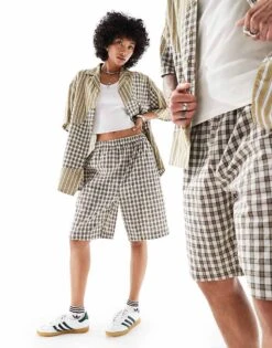Reclaimed Vintage Unisex Boxy Co-ord In Splice Check And Stripe -Closet Theory Her 206329652 1 khaki