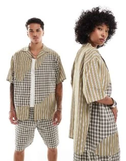Reclaimed Vintage Unisex Boxy Co-ord In Splice Check And Stripe -Closet Theory Her 206329661 1 khaki 1