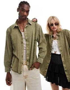 Reclaimed Vintage Unisex Denim Shirt With Fraying For Unisex Khaki