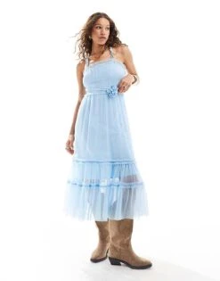 Reclaimed Vintage Tulle Maxi Dress With Corsage Belt And Necklace In Powder Blue For Women -Closet Theory Her 206400862 1 blue 1