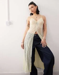 Reclaimed Vintage Lace Mesh Maxi Layering Dress In Yellow For Women Ivory -Closet Theory Her 206400883 1 ivory 1